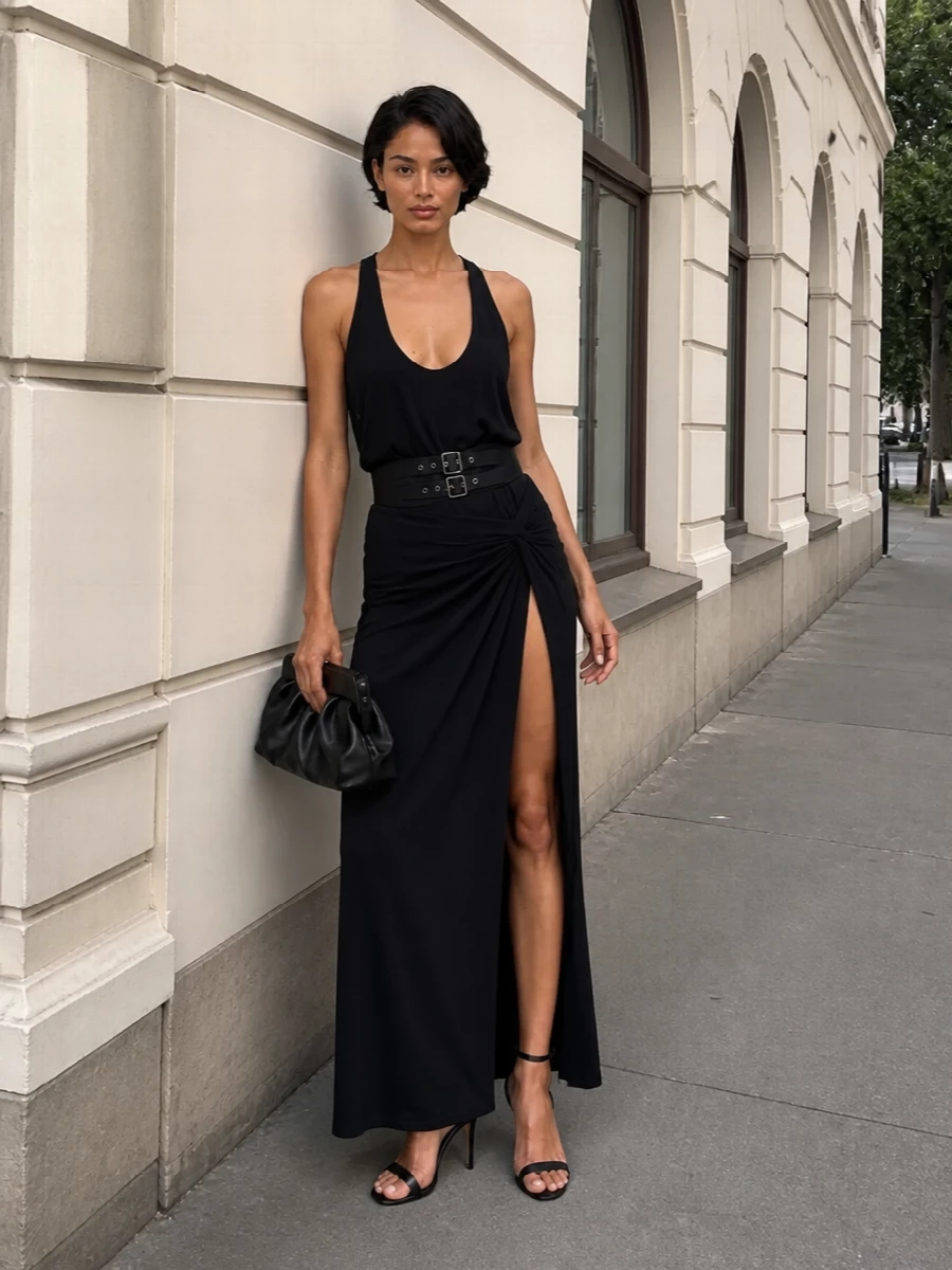 Liquid-black jersey, a cinched waist and a clean stiletto create a long, sharp column that is all about line and movement. The sculpted clutch adds just enough texture while keeping the palette strict and modern. It is made for nights when you want the dress and your silhouette to do the talking.