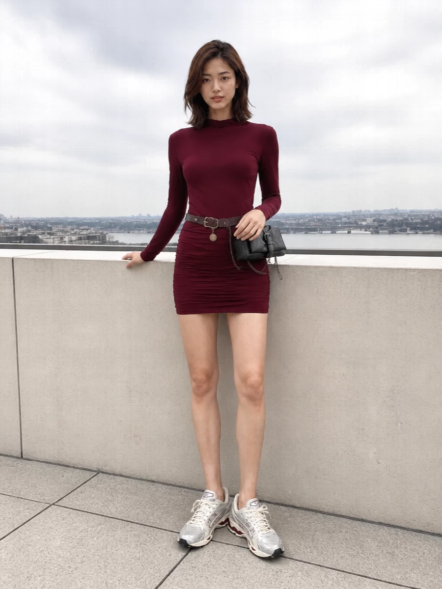 I’m taking the dress route here, using the ruched Rotate burgundy mini as a sleek base that locks in with the Adidas belt’s wine tone and rose-gold hardware. Chunky, silver-toned Asics runners keep it firmly in the sport-street space while the Vivienne Westwood belt bag adds just enough punk hardware to echo the belt without overwhelming the clean bodycon line. The result is a fast, night-out-ready set that still feels rooted in athletic ease rather than full glam clubwear.