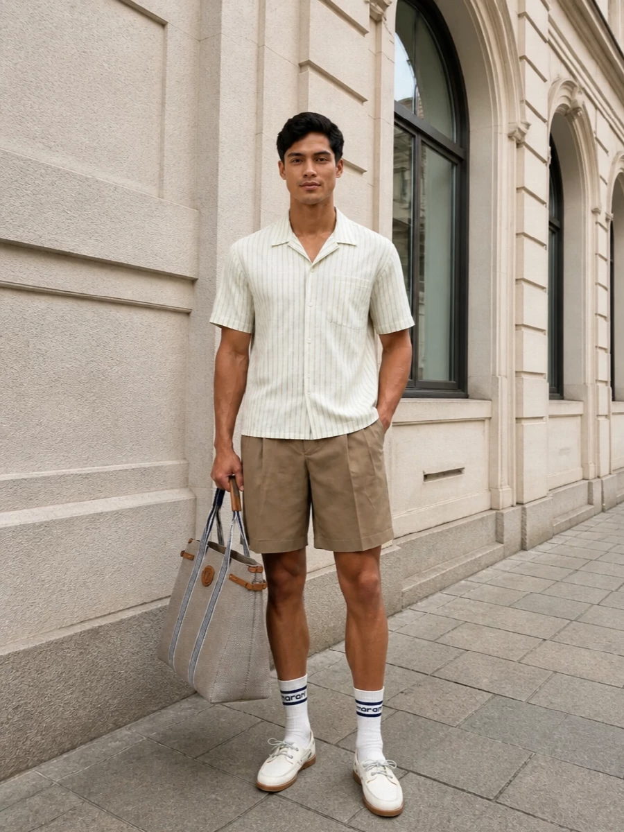 Ami striped shirt taupe shorts boat shoes