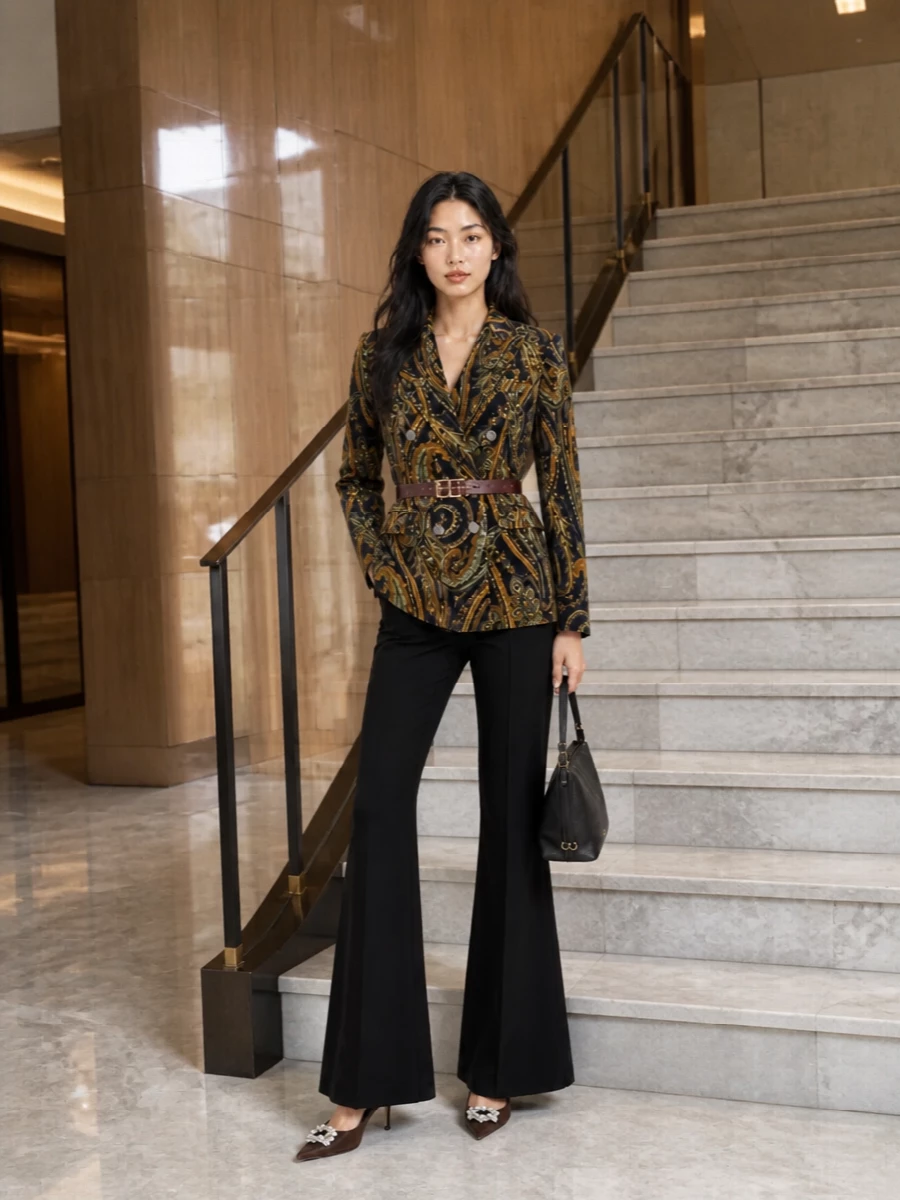 Etro velvet blazer black flared trousers outfit
