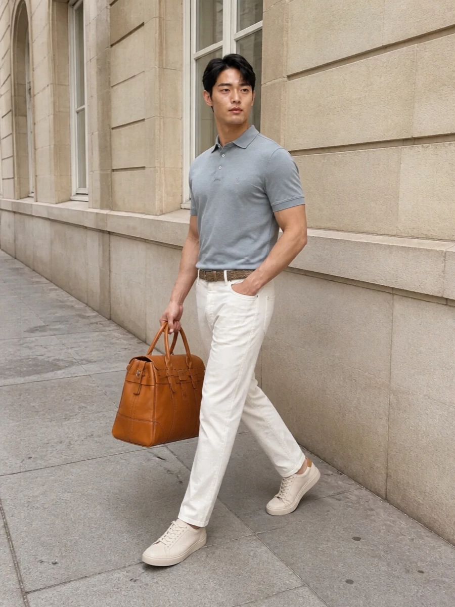 A soft slate-blue polo sits over off-white straight-leg trousers for a crisp, sunlit take on smart-casual that feels effortlessly refined. Eggshell low-top sneakers keep the line clean but relaxed, while the cognac leather weekender and braided taupe belt introduce subtle warmth and texture, rounding out a quietly luxurious SS travel uniform.