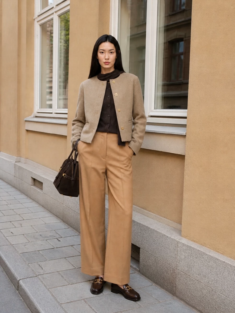 Ferragamo camel jacket fendi tailored trousers outfit
