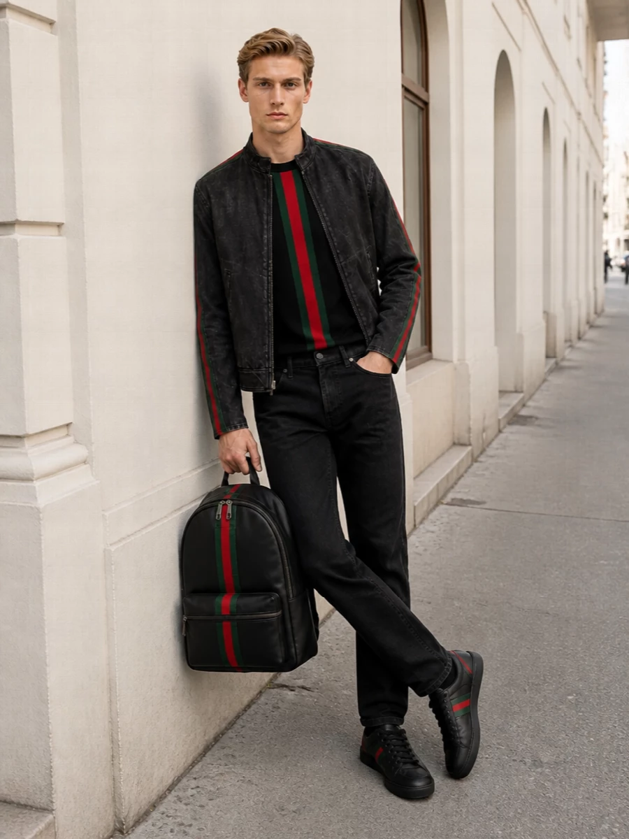 Gucci mens black bomber outfit stripe detail