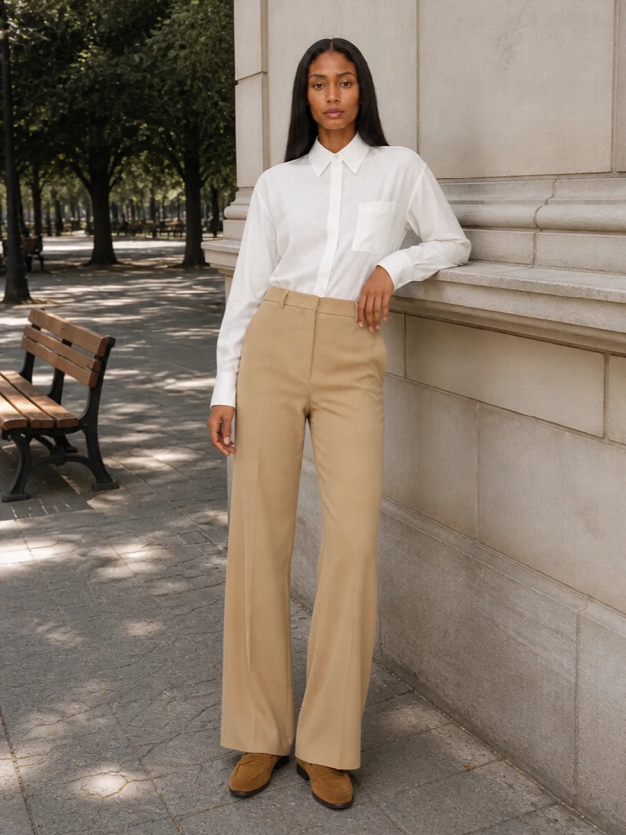 Camel tailoring and a clean ivory shirt create a long, uninterrupted line that feels quietly powerful yet soft. Tonal suede loafers and a structured caramel bag stay within the same warm spectrum, keeping the wide-leg silhouette grounded but light for warm-weather city days or client meetings. The result is a precise, neutral uniform that reads considered without ever feeling loud.