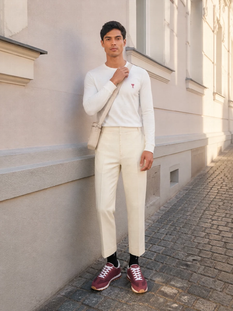 Ami cream trouser burgundy sneaker outfit