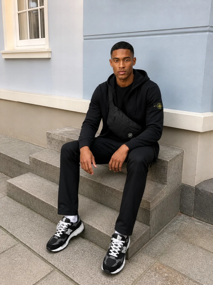 Stone island black hoodie new balance outfit