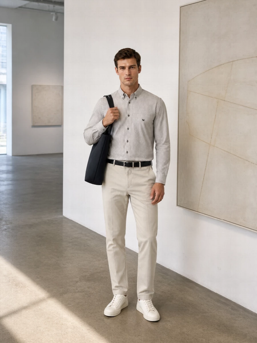 Emporio Armani’s striped shirt pairs with light beige tailoring for a calm, sunlit take on smart dressing. Cream leather sneakers keep the mood relaxed while a navy tote and slim black belt add just enough structure for the office or a low-key dinner date. The mix of off white, beige and navy feels intentional and quietly precise rather than matchy-matchy.