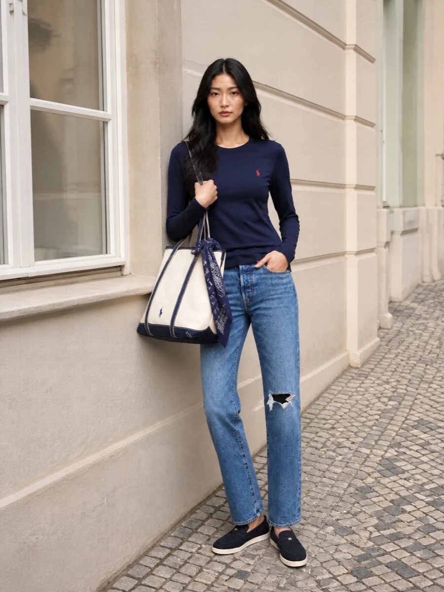 Polo ralph lauren navy tee straight jeans outfit