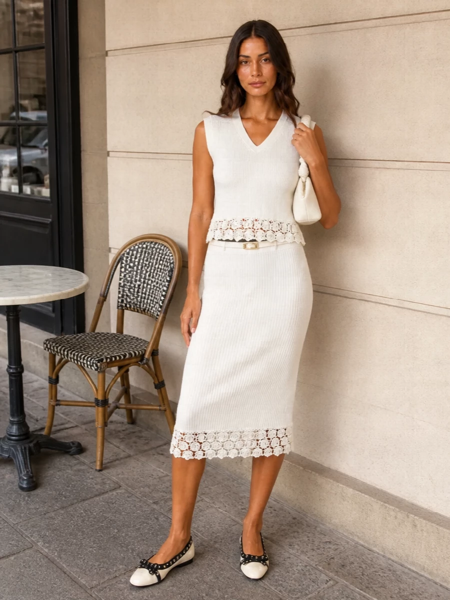 Ganni ivory knit skirt lace ballet flats outfit