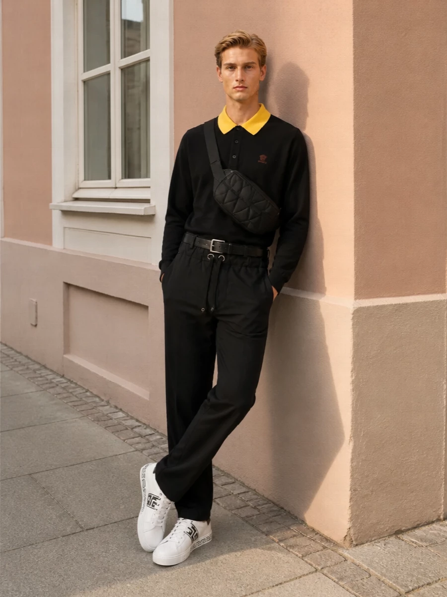 Versace black polo drawstring pants sneakers