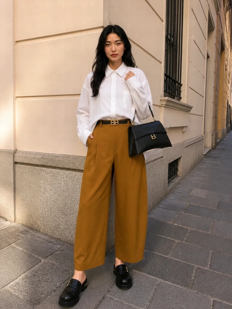 Balenciaga ochre wide leg trousers white shirt