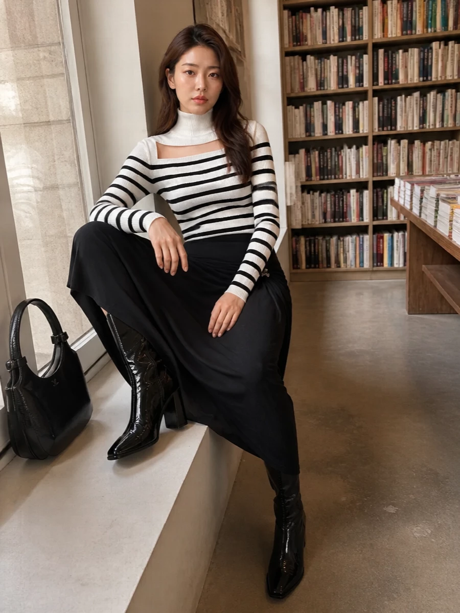 Jean Paul Gaultier’s striped turtleneck meets a black draped midi skirt for a narrow, high-waisted column that feels graphic yet quietly sensual. Glossy black Courrèges knee boots and a sculptural circular-handle bag keep everything in the same sleek, futuristic language, letting line and texture carry the drama. It is a monochrome night-out ensemble that reads confident, modern and deliberately precise from every angle.