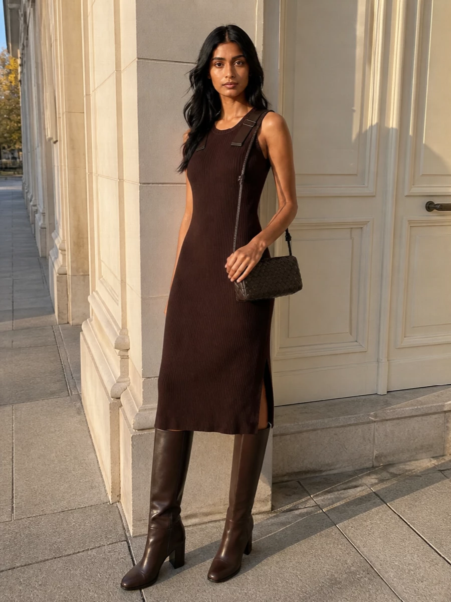 A dark chocolate column of ribbed knit and tall leather boots lets the Bottega bag feel like an intentional extension rather than an accessory. The silhouette is long and close without being tight, reading confidently polished for dinners, low‑key parties or gallery nights. Rich texture does the work here, so the palette stays quiet, modern and deeply chic.