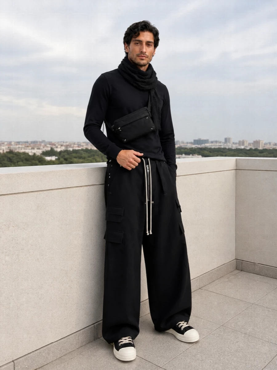 Head to toe in black, this reads like a pure Rick uniform: wide, architectural cargos grounded by a slim long-sleeve with a single strap detail. High-top sneakers echo the drawstrings and hardware, while the padded belt bag and gauzy scarf add just enough texture without breaking the severe vertical line.