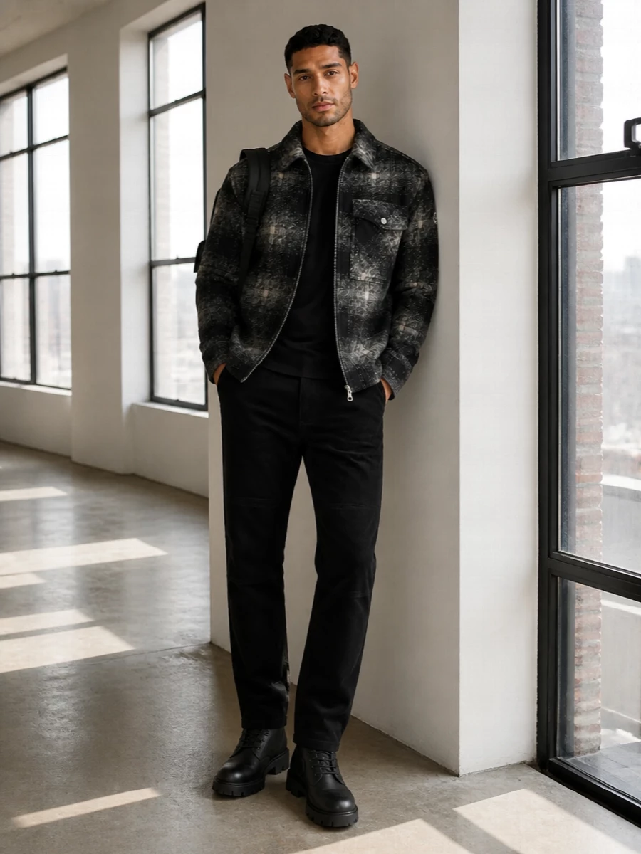 Moncler shirt jacket black corduroy pants outfit