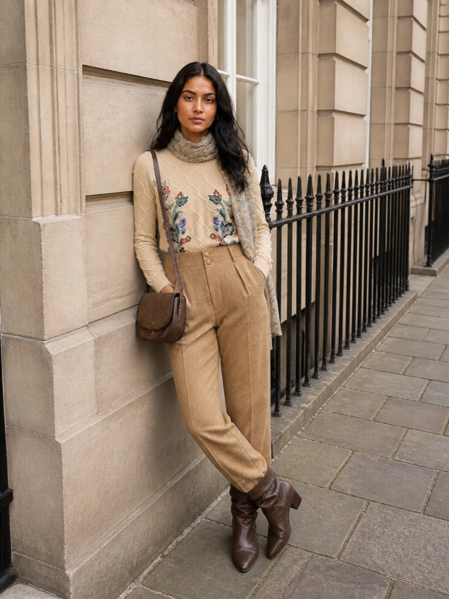 Etro embroidered sweater camel trousers outfit