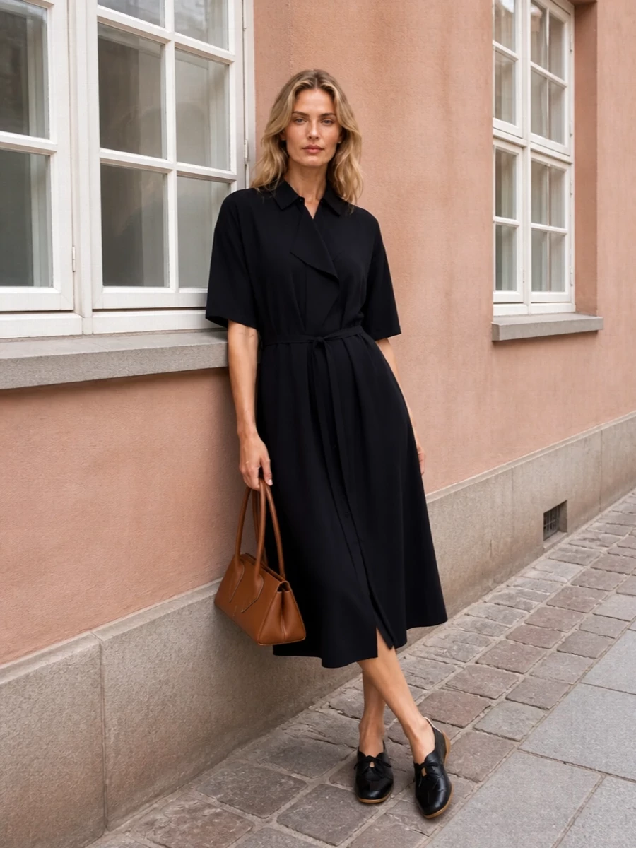 The Lemaire black shirt dress and Chloé lace-up ballerinas create a calm, elongated line that feels polished without stiffness. The caramel Louboutin top-handle adds a single warm note, echoing the gum sole and keeping the palette quietly nuanced. I chose the dress route here so the shoes can read as the modern, almost-ballet punctuation rather than fighting with separate top and trouser proportions.