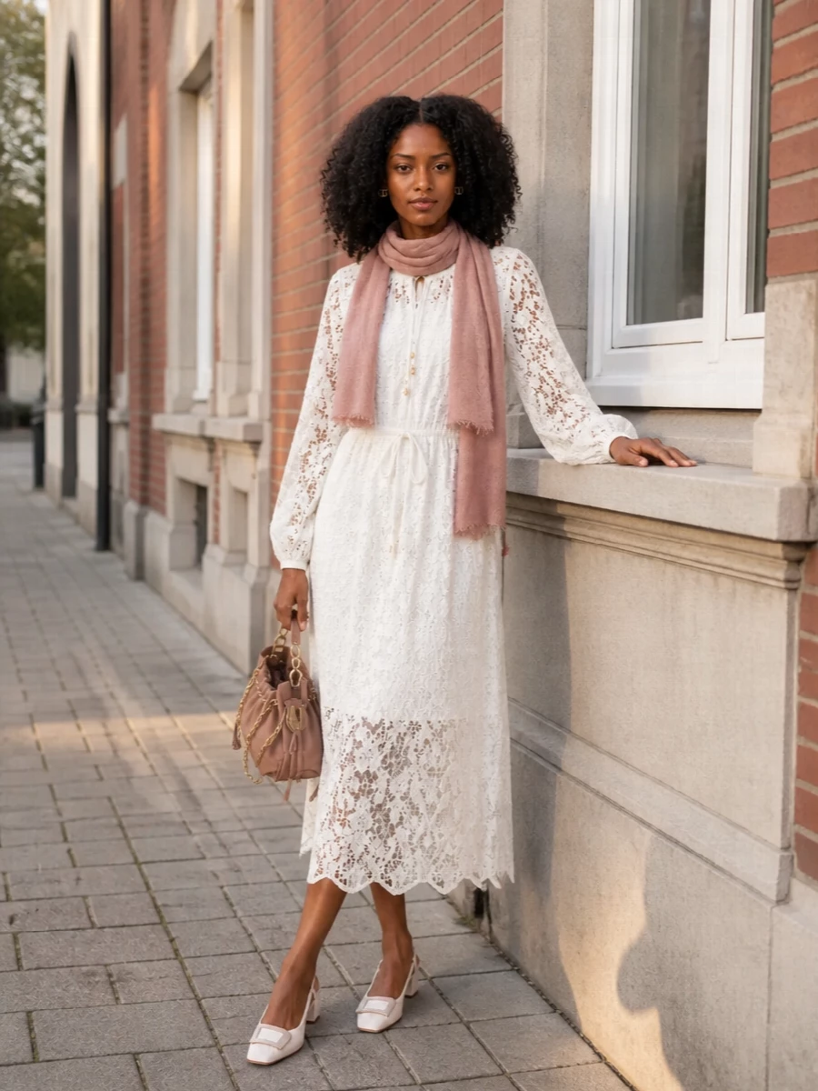 An ivory lace midi anchors this with soft romance, while tonal ivory slingbacks keep the line long and clean. A rose-tan chain bag and whisper of gold at the ears introduce just enough warm glow. Add the dusty-rose stole at dusk for a gentle, almost candlelit finish that still lets the dress float as the main story.