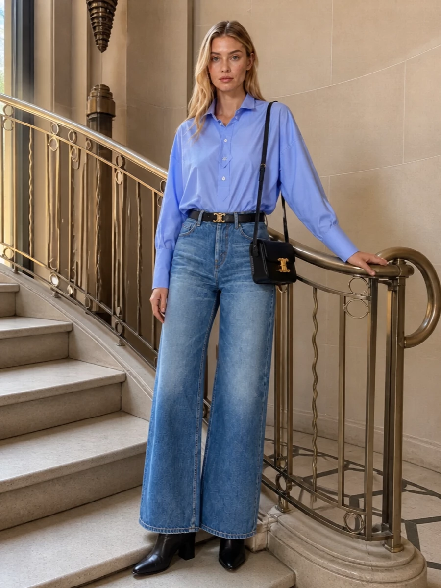 Celine wide leg jeans blue shirt black boots