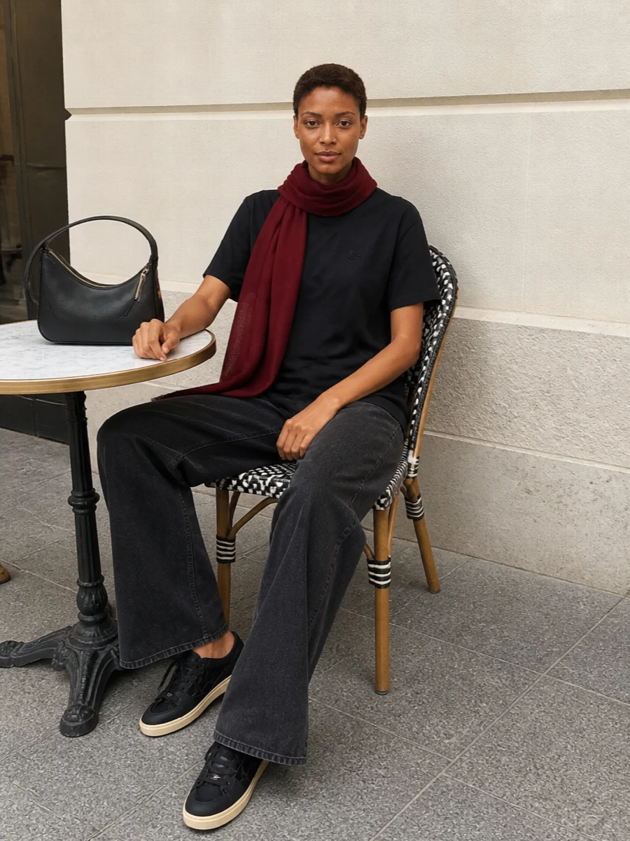 Gucci black tee wide leg jeans sneakers