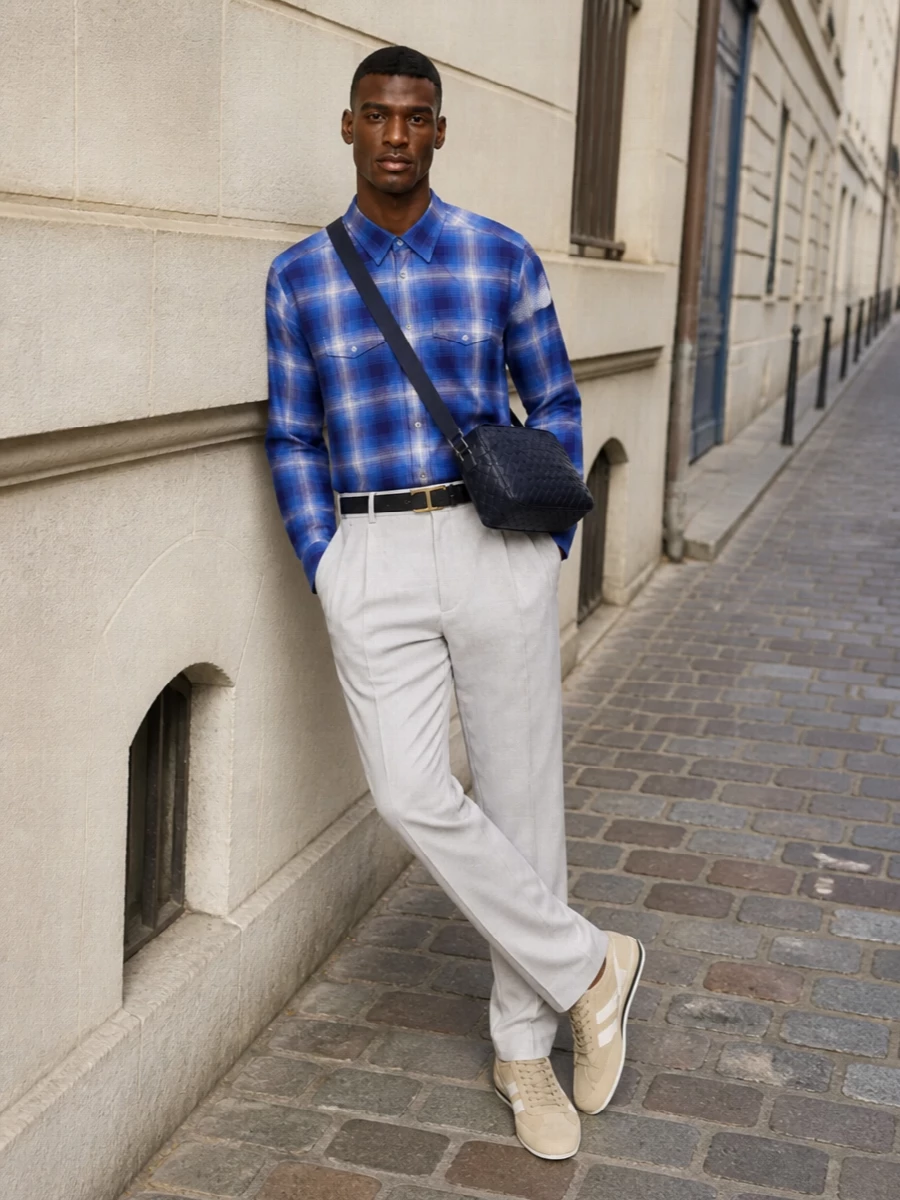 Tom ford plaid shirt pleated trousers outfit