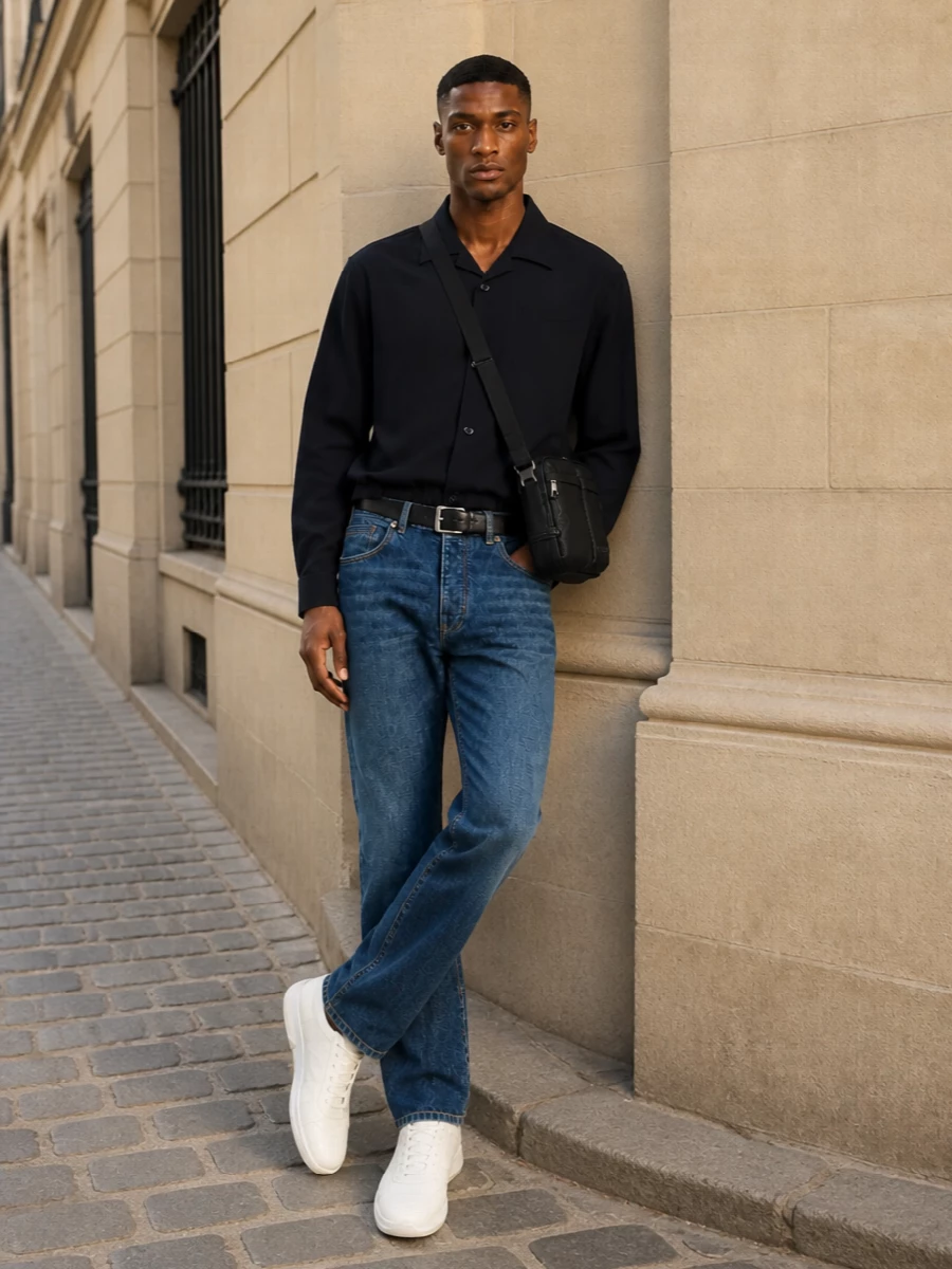 Givenchy navy shirt indigo jeans white sneakers