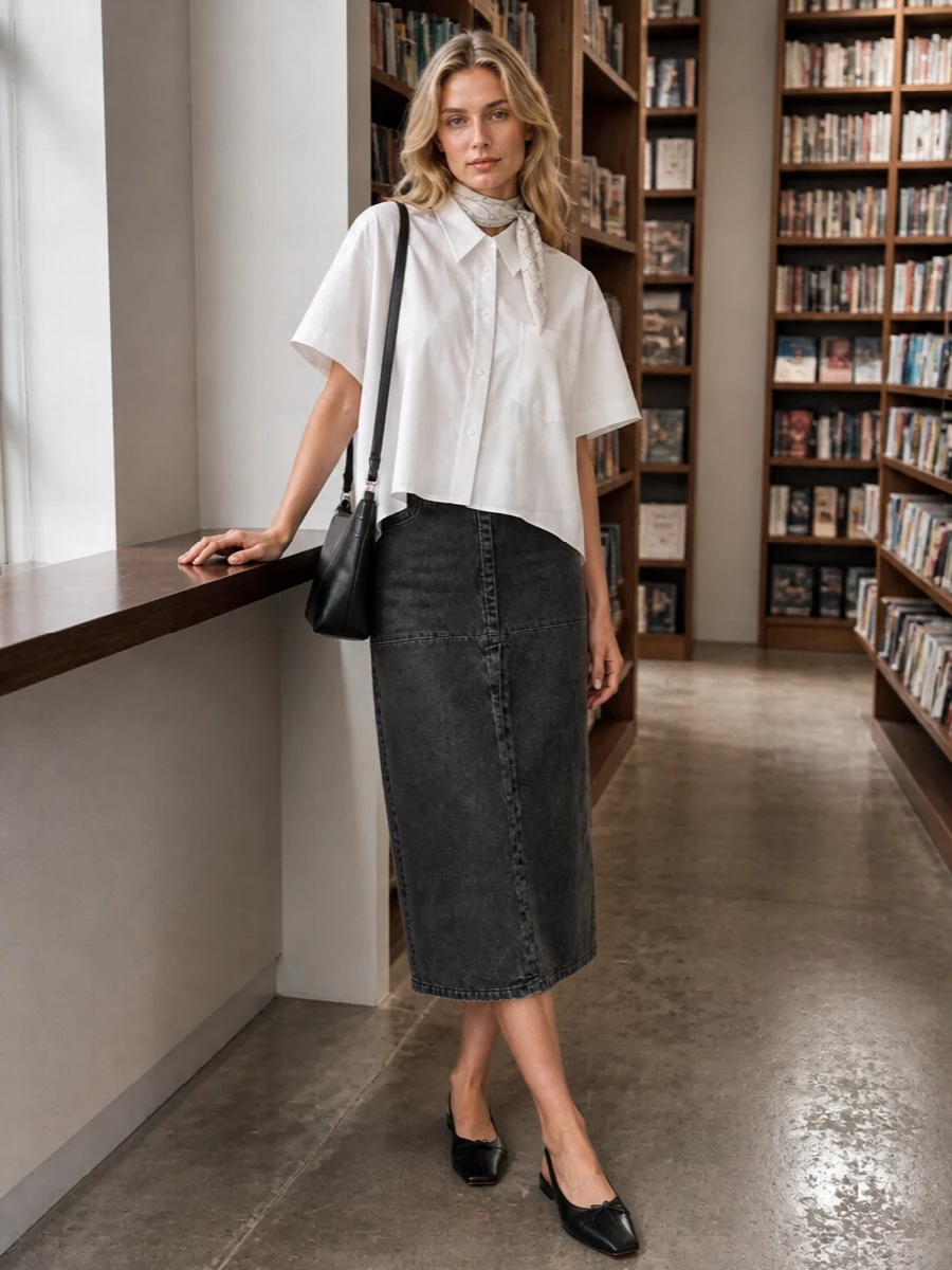 Washed charcoal denim meets a sculptural white shirt for a minimal, quietly directional pairing that feels considered without reading precious. The high waist and cropped-front shirting create a long, lean line, grounded by sharp black slingback flats. A curved black shoulder bag and whisper-light printed scarf finish it with that precise, insider Margiela energy, ready for office hours that slide into late gallery evenings.