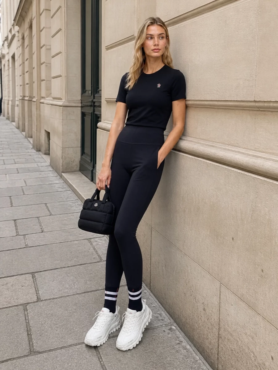 Moncler black tee track pants outfit