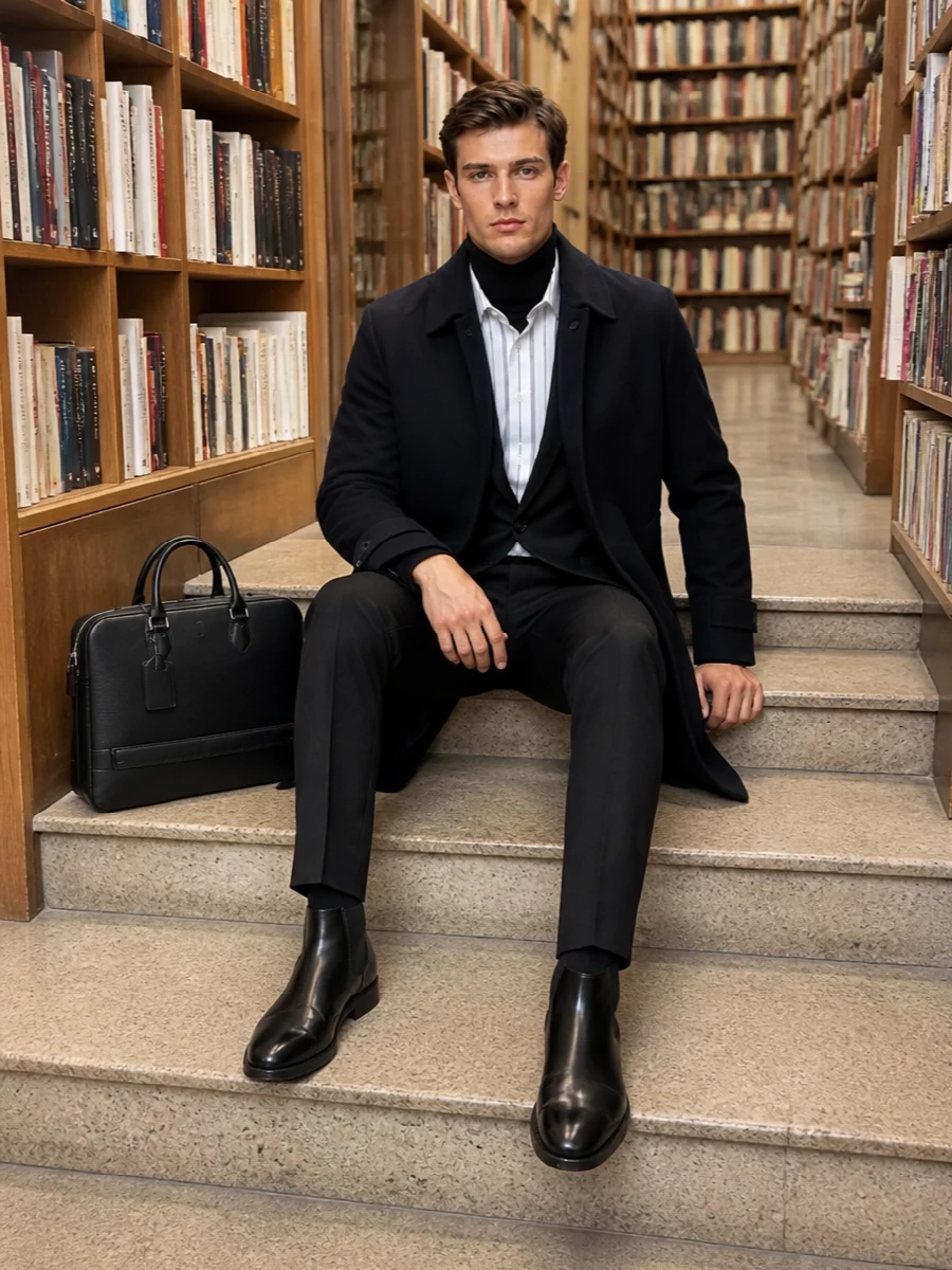 Lardini navy coat black trousers chelsea boots