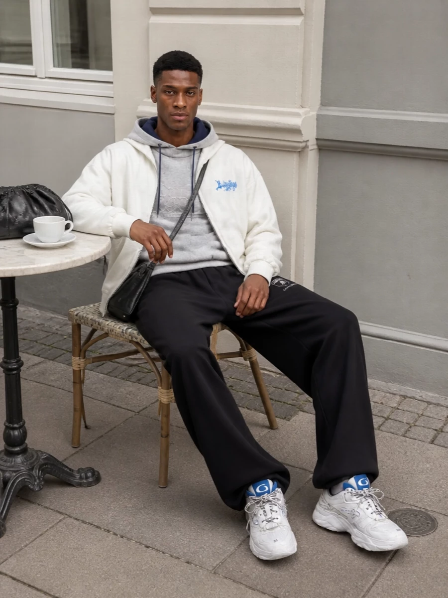 Balenciaga hoodie wide leg track pants outfit