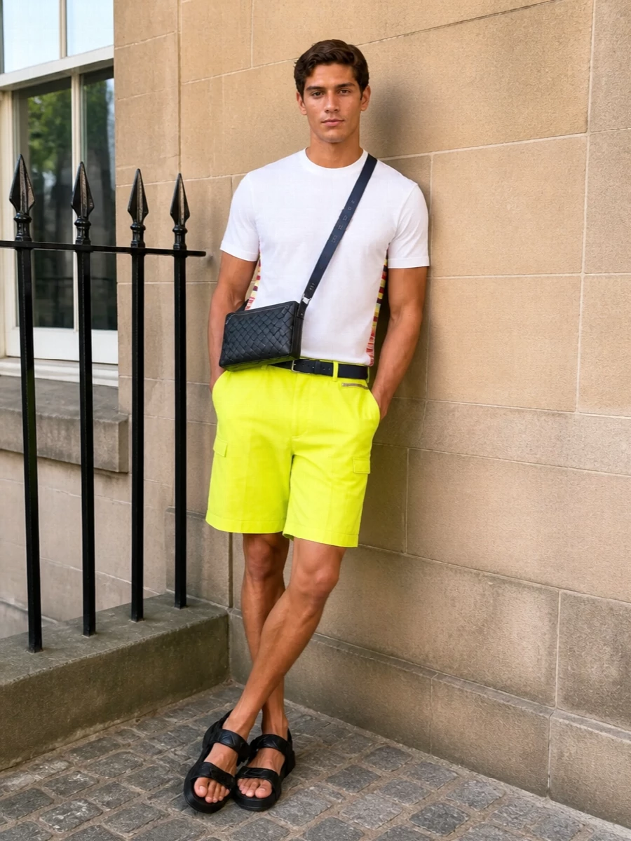 Bottega veneta neon shorts white tee sandals