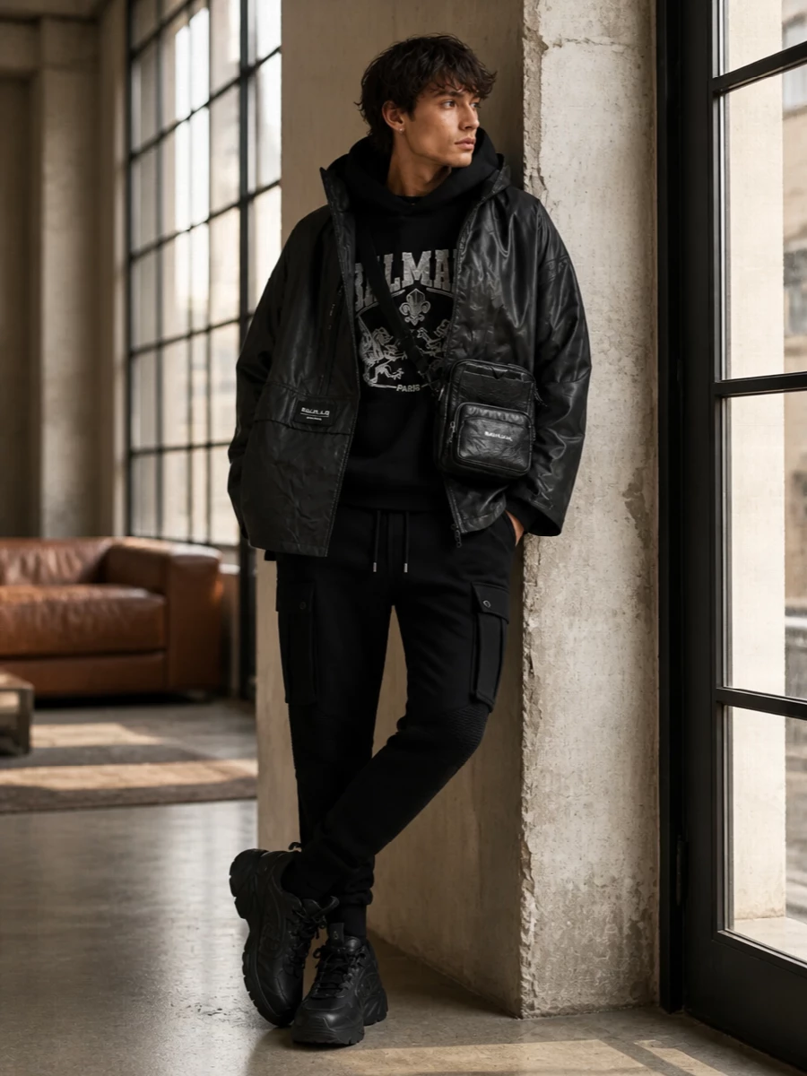 This look is a tight, monochrome Balmain-led street uniform: a technical oversized poncho over a crest-logo hoodie, streamlined by tapered cargo-moto track pants. Chunky black Balmain sneakers and a compact Balenciaga crossbody reinforce the urban, utility-driven attitude while keeping everything sleek and functional for SS city wear.