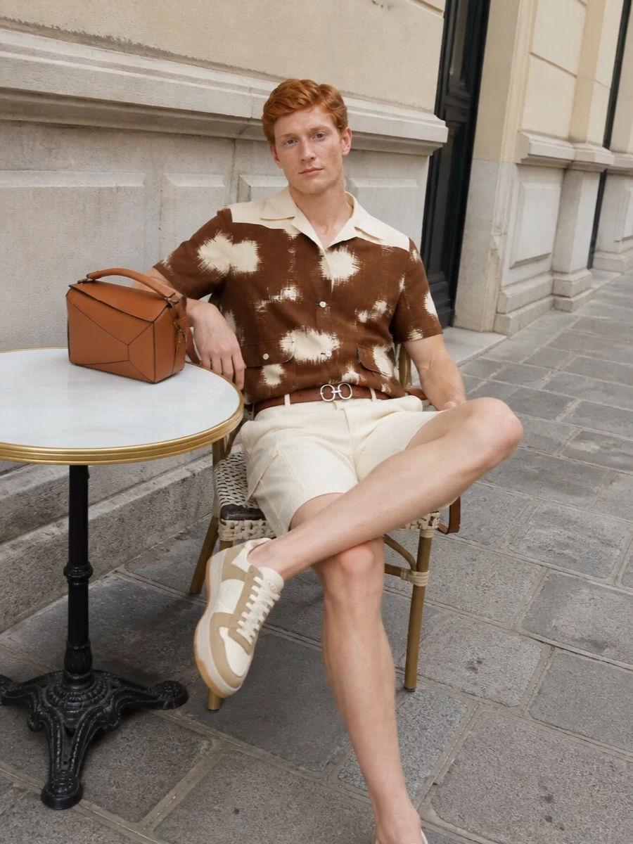 Prada camp shirt cargo shorts summer outfit