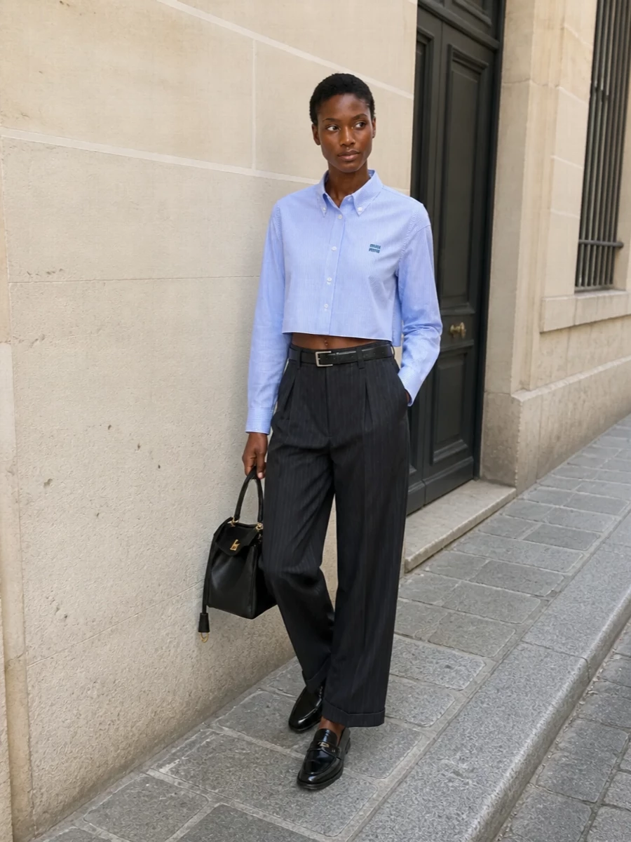 Miu miu cropped shirt pinstripe trousers outfit