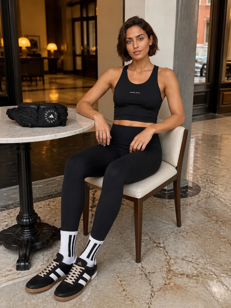 Anine bing black leggings adidas sneakers outfit