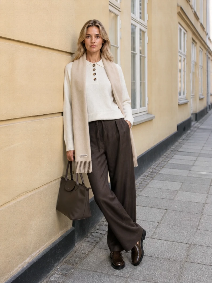 A cream polo knit meets fluid chocolate tailoring for a quietly refined, off-duty office ensemble. The wide-leg trouser elongates the line while the sleek taupe loafer and deep taupe tote keep everything grounded in warm, minimal neutrals. A light beige scarf adds soft structure and subtle texture without disturbing the calm palette.