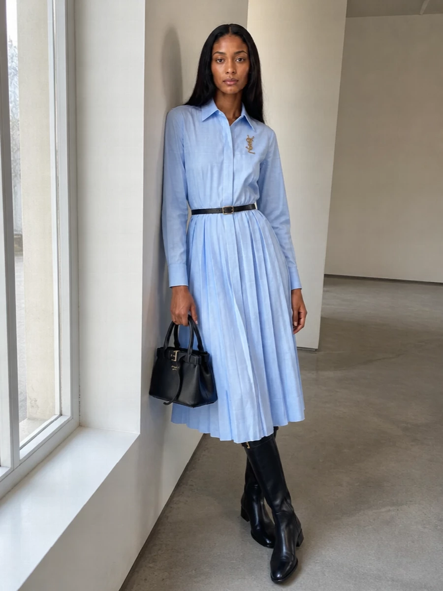 Prada blue shirtdress black boots mini bag