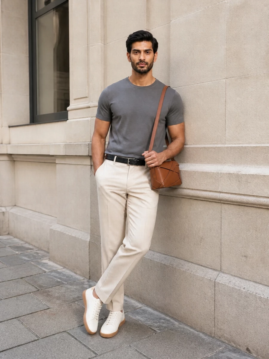 The stone-grey Zegna knit is paired with light beige tailored trousers for a serene, tonal take on summer smart-casual—sharp in line but relaxed in attitude. Cream low-top sneakers keep the look light and modern, while a tan geometric shoulder bag and discreet black belt add just enough structure and craft to underline the quiet-luxury story without disturbing the minimal palette. It’s an easy, polished uniform for warm city days that moves effortlessly from daytime appointments to dinner.