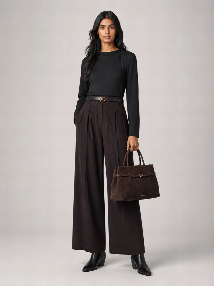 A deep, tonal column of espresso and black creates a long, quiet line that feels considered from office hours through late dinners. The high-waisted wide leg meets a fluid asymmetric top and pointed ankle boots, keeping the proportions elongated but grounded. A structured chocolate tote and slim belt finish the outfit with discreet structure and texture rather than overt detail.