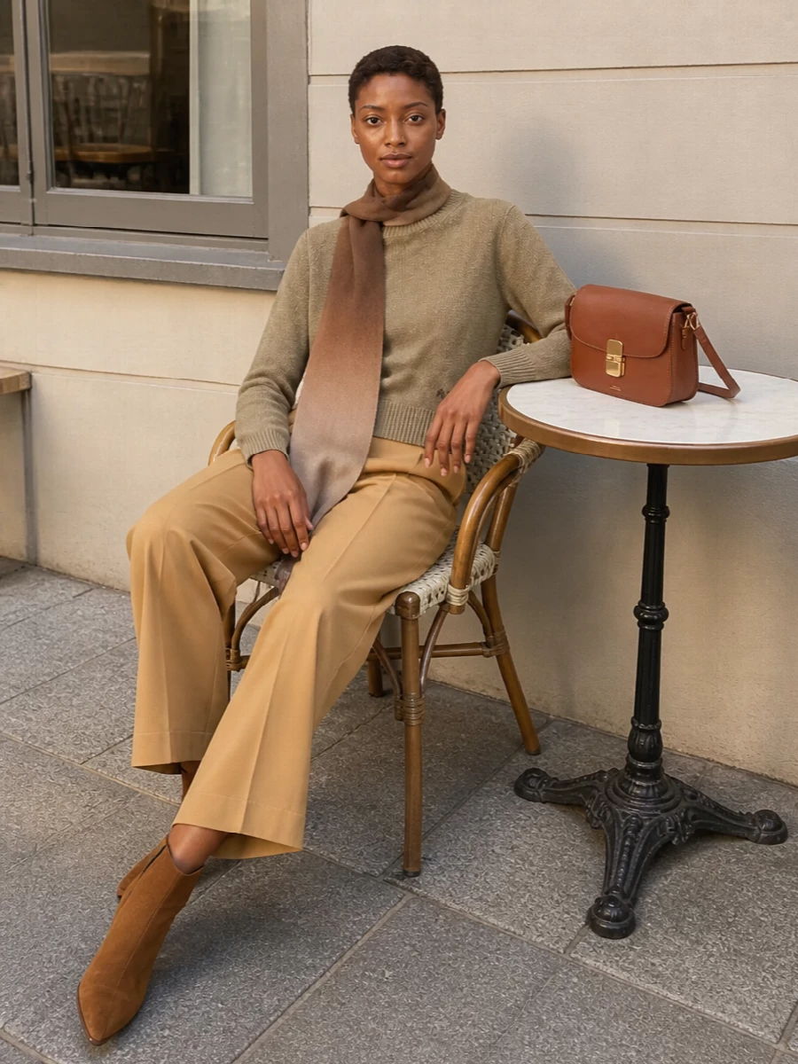 Apc khaki sweater camel wide leg trousers