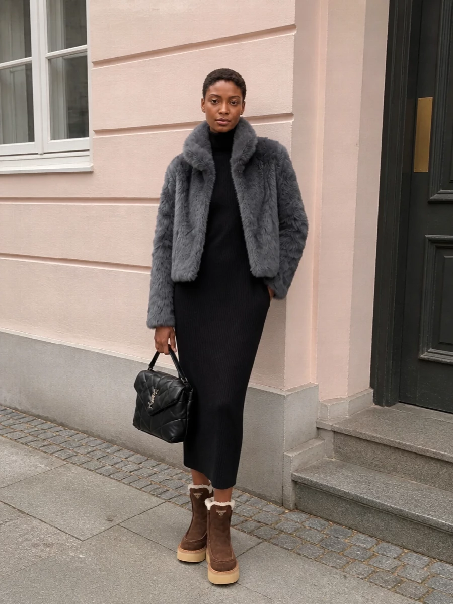 Saint laurent knit dress grey faux fur jacket
