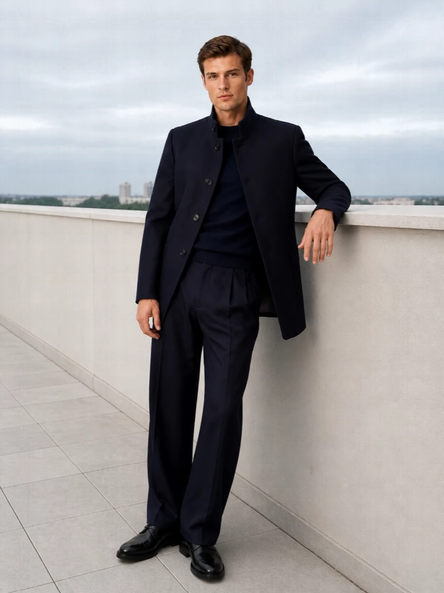 Giorgio armani navy coat pleated trousers outfit