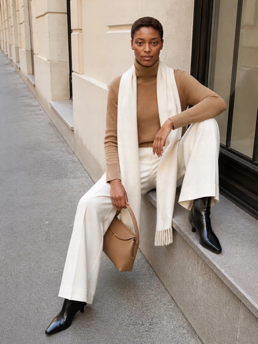 Toteme camel turtleneck ivory wide leg trousers