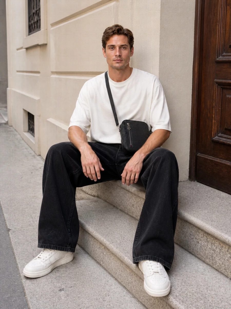 Wide-leg washed black denim meets a soft off-white oversized tee for a calm, graphic proportion that feels modern but unforced. Off-white Amiri sneakers echo the top and lift the monochrome, while a compact black Gucci crossbody adds a discreet designer note without breaking the minimal mood.
