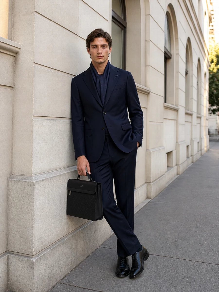 Lardini navy suit ferragamo black derby shoes