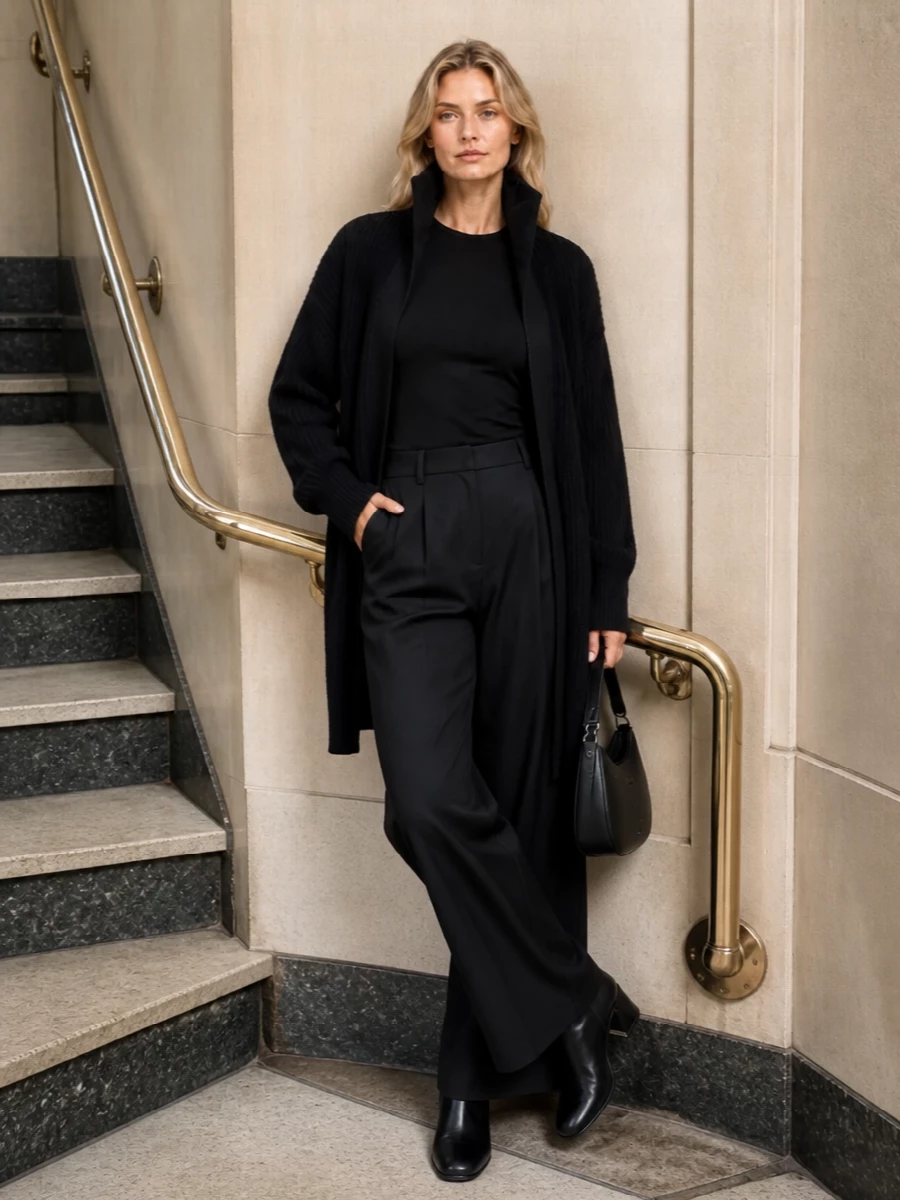 Mm6 margiela black knit coat wide leg trousers
