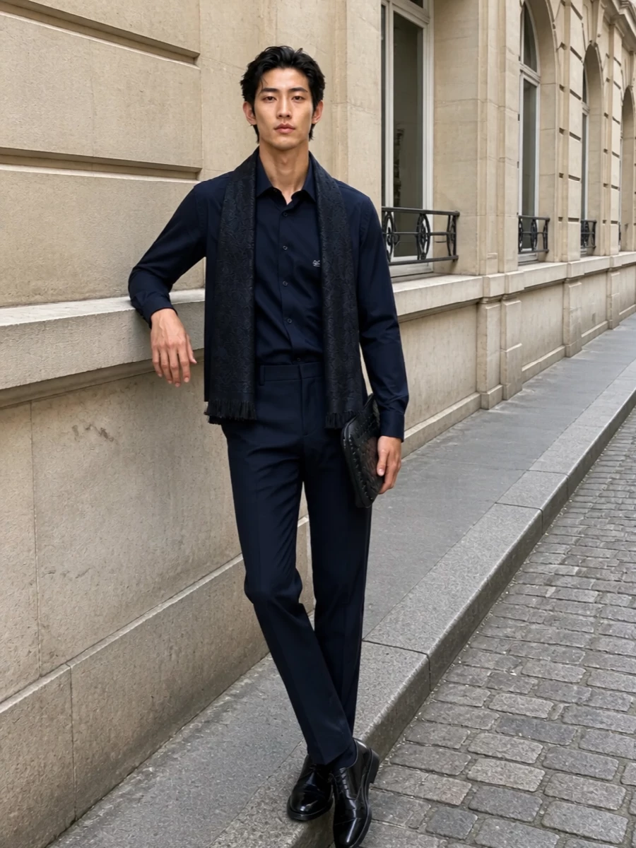 Etro navy shirt zegna trousers churchs derby