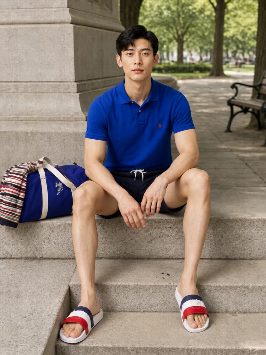 A tight navy and cobalt story keeps this pool outfit clean, sporty and unmistakably preppy. The sharp polo dresses the swim short up just enough for beach clubs or boat days, while tricolour slides and a compact duffle signal you are ready to move from lounger to long weekend without changing the mood. A striped towel adds an easy hit of personality that still feels tidy and coordinated against the solid pieces.