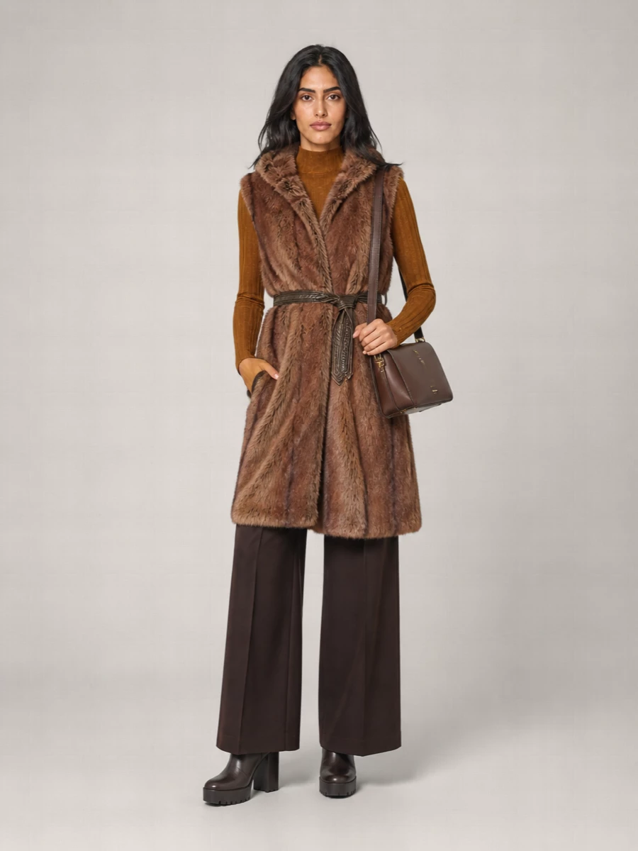 Pinko Faux Fur Hooded Belted Long Vest