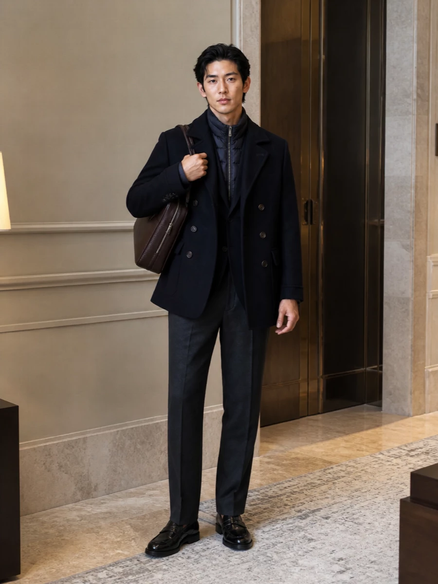 Prada armani navy coat tailoring outfit